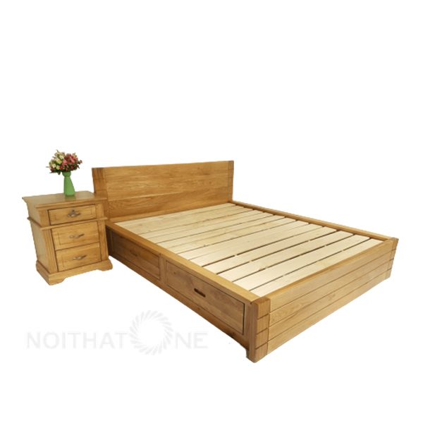 giường ngủ nhật gỗ sồi pano có hộc kéo